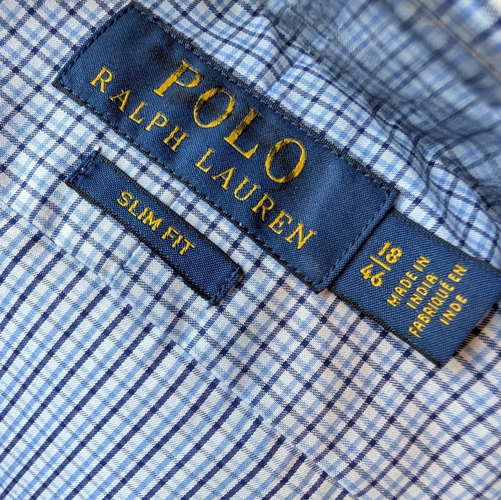 NWT Polo Ralph Lauren Slim Fit Dress Shirt – Blue Check, Men’s Size 18/46 - Picture 3 of 4